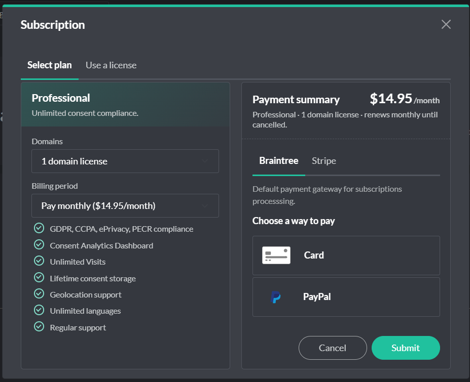 Cookie Compliance - Add Domain Subscription